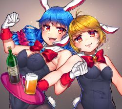 Rule 34 | 2girls, :3, alcohol, animal ears, bare arms, bare shoulders, beer, blue hair, blush, bottle, bow, bowtie, detached collar, floppy ears, gloves, gradient background, highleg, kanou (natsuno0223), leotard, locked arms, long hair, low twintails, multiple girls, open mouth, orange hair, pantyhose, playboy bunny, rabbit ears, rabbit tail, red eyes, ringo (touhou), seiran (touhou), short hair, smile, tail, touhou, tray, twintails, upper body, white gloves