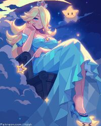 Rule 34 | aqua dress, bare shoulders, blonde hair, blue eyes, blush, breasts, cleavage, covered erect nipples, crescent moon, crown, dress, hair over one eye, hand on own face, high heels, highres, holding, holding wand, itzah, lips, long hair, looking at viewer, luma (mario), mario (series), moon, night, nintendo, pixel art, rosalina, sitting, strapless, strapless dress, super mario galaxy, wand