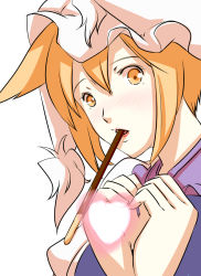 Rule 34 | 1girl, animal ears, blush, dearmybrothers, female focus, food, fox ears, hat, heart, heart hands, looking at viewer, mouth hold, pocky, solo, touhou, upper body, yakumo ran, yellow eyes