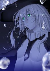 Rule 34 | 10s, 1girl, abyssal ship, air bubble, bodysuit, breasts, bubble, cape, commentary request, dark background, eyebrows, floating hair, green eyes, grey hair, hair between eyes, hat, highres, kantai collection, long hair, niwatazumi, open mouth, sidelocks, sketch, small breasts, solo, tears, underwater, upper body, wo-class aircraft carrier