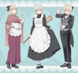 Rule 34 | 1girl, ahoge, alternate costume, apron, black pants, boots, broom, brown footwear, coattails, cup, dango, decantering, dress, enmaided, fate/grand order, fate (series), food, formal, grey vest, hair between eyes, high heel boots, high heels, jacket, japanese clothes, kimono, lace background, long dress, long skirt, looking at viewer, lunapont, maid, mary janes, mixed maids, multiple views, okita souji (fate), okita souji (koha-ace), pants, ponytail, saucer, shoes, short hair, skirt, smile, suit, teacup, teapot, tray, vest, wa maid, wagashi, white legwear, wide sleeves, yellow eyes