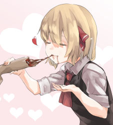 Rule 34 | 1girl, ascot, bad id, bad pixiv id, blonde hair, disembodied hand, eating, closed eyes, guro, hair ribbon, heart, heart background, muchi maro, pink background, ribbon, rumia, shirt, short hair, short sleeves, simple background, sleeveless, solo, touhou, upper body, vest, white shirt