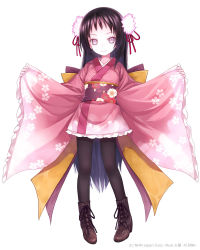 Rule 34 | 1girl, babylon (game), bad id, bad pixiv id, black hair, black pantyhose, boots, bow, capriccio, cross-laced footwear, grey eyes, hibanar, japanese clothes, kimono, large bow, long hair, obi, outstretched arms, pantyhose, pink eyes, sash, simple background, smile, solo, spread arms, standing, very long hair, watermark, white background, wide sleeves