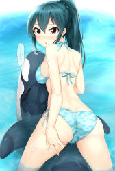 Rule 34 | 1girl, :o, afloat, ass, bikini, blue hair, blush, breasts, brown eyes, commentary request, from behind, halterneck, hand on own ass, highres, idolmaster, idolmaster cinderella girls, long hair, looking back, medium breasts, oga raito, ohishi izumi, ponytail, shoulder blades, side-tie bikini bottom, sidelocks, solo, speech bubble, spread legs, swimsuit, translation request, water, wet