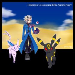 Rule 34 | 1boy, anniversary, black footwear, black pants, blonde hair, blue coat, blue gloves, boots, closed mouth, coat, commentary request, copyright name, creatures (company), espeon, game freak, gen 2 pokemon, gloves, highres, looking to the side, male focus, nintendo, pants, poke ball, poke ball (basic), pokemon, pokemon (creature), pokemon colosseum, shiogi (riza 49), short hair, single shoulder pad, standing, umbreon, wes (pokemon), yellow eyes