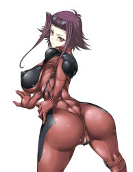 Rule 34 | 1girl, annoyed, ass, biker clothes, bikesuit, blush, bodysuit, breasts, cameltoe, covered erect nipples, from behind, frown, hair ornament, hajime shindo, highres, huge ass, izayoi aki, large breasts, leaning, leaning forward, looking at viewer, looking back, purple eyes, purple hair, shiny clothes, short hair, skin tight, solo, yu-gi-oh!, yu-gi-oh! 5d&#039;s