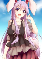 Rule 34 | 1girl, :d, alternate costume, animal ears, bag, blouse, contemporary, handbag, hisae (hisae collect), long hair, looking at viewer, open mouth, outdoors, purple hair, rabbit ears, rabbit head, red eyes, reisen udongein inaba, ribbon, shirt, skirt, smile, solo, standing, teeth, touhou, upper teeth only, very long hair