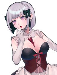 Rule 34 | 1girl, :o, absurdres, apron, bare shoulders, between breasts, black bow, black dress, blunt bangs, bow, braid, breasts, cleavage, danganronpa: trigger happy havoc, danganronpa (series), dress, earrings, elbow gloves, fang, gloves, grey gloves, hair bow, hand up, highres, indie virtual youtuber, jewelry, large breasts, monokuma, necktie, necktie between breasts, parody, pink eyes, red necktie, red ribbon, ribbon, short eyebrows, short necktie, simple background, solo, style parody, teeth, upper teeth only, virtual youtuber, waist apron, white apron, white background, yumekawa yamu, yumekawa yamu (artist)