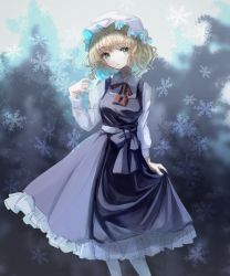 Rule 34 | 1girl, absurdres, blonde hair, blouse, bow, collared shirt, commentary, dress, hat, highres, holding, holding clothes, holding skirt, long sleeves, looking at viewer, maribel hearn, minus (sr mineka), mob cap, neck ribbon, pantyhose, petticoat, puffy long sleeves, puffy sleeves, purple bow, purple dress, red ribbon, ribbon, shirt, short hair, skirt, snowflakes, solo, touhou, waist bow, white hat, white pantyhose, white shirt, yellow eyes