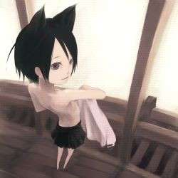 Rule 34 | animal ears, black hair, brown eyes, flat chest, from above, original, perspective, short hair, skirt, solo, topless, yasushi