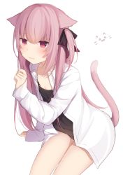 Rule 34 | 1girl, amashiro natsuki, animal ears, arm support, bad id, bad twitter id, black bow, black camisole, black panties, blush, bow, camisole, cat ears, cat girl, cat tail, closed mouth, collarbone, dress shirt, fang, fang out, hair between eyes, hair bow, hand up, highres, long hair, long sleeves, one side up, open clothes, open shirt, original, panties, pink hair, red eyes, shirt, simple background, sitting, sleeves past wrists, solo, tail, tail raised, tears, underwear, very long hair, white background, white shirt