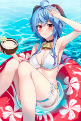 Rule 34 | 1girl, absurdres, ahoge, alternate costume, arm up, armpits, bare arms, bare legs, bare shoulders, bell, bikini, black choker, blue hair, blush, breasts, choker, cleavage, closed mouth, coconut cup, cowbell, day, drink, drinking straw, feet out of frame, ganyu (genshin impact), genshin impact, goat horns, hand on own head, hidel, highres, holding, holding drink, horns, innertube, knees together feet apart, large breasts, looking at viewer, medium breasts, navel, neck bell, o-ring, o-ring bikini, outdoors, red eyes, sitting, solo, swim ring, swimsuit, thigh strap, thighs, water, wet, white bikini