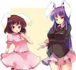 Rule 34 | 2girls, animal ears, blazer, breast hold, breasts, brown hair, carrot, dress, female focus, finger gun, impossible clothes, impossible shirt, inaba tewi, ippongui, jacket, jewelry, large breasts, long hair, miniskirt, multiple girls, necktie, pendant, purple hair, rabbit ears, rabbit girl, rabbit tail, red eyes, reisen udongein inaba, shirt, short hair, skirt, tail, tongue, touhou, very long hair