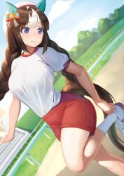 Rule 34 | 1girl, animal ears, beret, blue sky, bow, braid, breasts, cloud, commentary request, day, ear bow, ear covers, gym shirt, gym uniform, hat, highres, hokko tarumae (umamusume), horse ears, horse girl, horse tail, large breasts, long hair, multicolored hair, outdoors, ranma (kamenrideroz), red shorts, shirt, shoes, shorts, sky, socks, solo, standing, standing on one leg, streaked hair, tail, twin braids, umamusume, white footwear, white hair, white hat, white socks