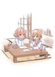 Rule 34 | 10s, 2girls, black legwear, black skirt, brown eyes, brown hair, commentary request, cup, drinking glass, drinking straw, eraser, folded ponytail, fujishima shinnosuke, hair ornament, hairclip, hands on own face, head rest, holding, holding pencil, ice, ice cube, ikazuchi (kancolle), inazuma (kancolle), indoors, kantai collection, long hair, long sleeves, multiple girls, neckerchief, open mouth, pencil, pencil as mustache, pencil case, pleated skirt, pointing, ponytail, school uniform, serafuku, short hair, sitting, skirt, sliding doors, table, tatami