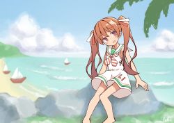 Rule 34 | 1girl, absurdres, beach, blue sky, boat, brown hair, cloud, commentary, dark-skinned female, dark skin, day, dress, fang, highres, horizon, ichi (ichi.colors), kantai collection, libeccio (kancolle), long hair, looking at viewer, neckerchief, ocean, outdoors, red eyes, rock, sailboat, sailor dress, sitting, sky, sleeveless, sleeveless dress, solo, striped neckerchief, striped neckwear, tan, twintails, water, watercraft, white dress