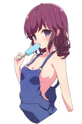 Rule 34 | 1girl, blue overalls, blush, breasts, drill hair, food, highres, holding, looking at viewer, machikado mazoku, medium breasts, mel (melty pot), naked overalls, overalls, popsicle, purple eyes, purple hair, simple background, solo, sweat, white background, yoshida ryouko
