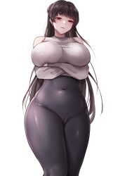 Rule 34 | 1girl, absurdres, arms under breasts, bare shoulders, black hair, black pantyhose, blush, breasts, brown eyes, cameltoe, cheonju, cleft of venus, closed mouth, covered navel, crossed arms, detached sleeves, grey sweater, high-waist pantyhose, highres, huge breasts, long hair, long sleeves, original, pantyhose, ribbed sweater, simple background, sleeveless, sleeveless sweater, smile, solo, sweater, white background