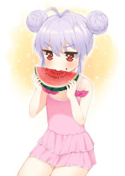 Rule 34 | 1girl, antenna hair, bad id, bad pixiv id, blush, casual one-piece swimsuit, double bun, eating, food, fruit, furrowed brow, gradient background, hair bun, jitome, mirei, miyauchi renge, mouth hold, non non biyori, one-piece swimsuit, pink one-piece swimsuit, purple hair, red eyes, sitting, skirt, solo, sparkling eyes, swimsuit, watermelon