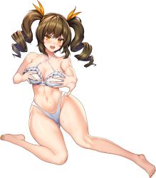Rule 34 | 1girl, bikini, blush, breasts, brown hair, c.honey, calista (last origin), cleavage, embarrassed, feet, full body, highres, large breasts, last origin, long hair, looking at viewer, micro bikini, navel, open mouth, orange eyes, solo, swimsuit, tagme, thighs, twintails, wet, wet clothes