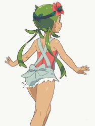 Rule 34 | 1girl, alternate color, apron, ass, back, bare shoulders, blush stickers, bow, creatures (company), dark-skinned female, dark skin, flower, flower on head, from behind, game freak, green eyes, green hair, hair flower, hair ornament, highres, legs, mallow (pokemon), nintendo, om (nk2007), outstretched arms, overalls, pink shirt, pokemon, pokemon sm, shiny skin, shirt, sleeveless, smile, solo, spread arms, trial captain, twintails, walking