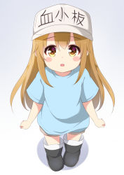 Rule 34 | 10s, 1girl, black footwear, blue shirt, blush stickers, boots, brown eyes, brown shorts, character name, child, clothes writing, commentary, flat cap, full body, gradient background, grey background, grey hat, hair between eyes, hat, hataraku saibou, ikazu401, light brown hair, long hair, looking at viewer, open mouth, platelet (hataraku saibou), shirt, short shorts, short sleeves, shorts, solo, standing, teeth, translation request, upper teeth only, very long hair, white background
