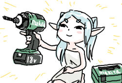 Rule 34 | 1girl, blush stickers, drill, elf, frieren, hand drill, long hair, makita (brand), naked towel, pointy ears, solo, sousou no frieren, tomoyoshi ohta, tools, towel, twintails, white hair