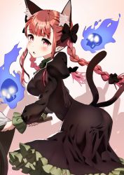 Rule 34 | 1girl, animal ear fluff, animal ears, ass, black bow, black dress, blush, bow, braid, breasts, cat ears, cat tail, dress, fire, hair bow, hitodama, juliet sleeves, kaenbyou rin, long hair, long sleeves, looking at viewer, multiple tails, polpol, puffy sleeves, red eyes, red hair, simple background, solo, tail, touhou, twin braids, two tails, white background