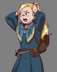 Rule 34 | 1girl, arms up, bag, blonde hair, blue capelet, blue robe, capelet, caramelized tomatoes, commentary, cowboy shot, dungeon meshi, elf, english commentary, green eyes, grey background, hands on own head, long hair, long sleeves, marcille donato, meme, open mouth, panicking, pointy ears, robe, satchel, simple background, solo, standing, yiik: a postmodern rpg, yiiking out (meme)
