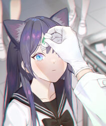Rule 34 | 1girl, 3others, animal ear fluff, animal ears, black bow, black bowtie, black sailor collar, blue eyes, blurry, blurry background, bow, bowtie, cat ears, cat girl, chromatic aberration, closed mouth, commentary, expressionless, eye drops, gloves, indoors, latex, latex gloves, long hair, long sleeves, looking up, multiple others, original, oto1 030, purple hair, sailor collar, shirt, slit pupils, solo focus, symbol-only commentary, tile floor, tiles, upper body, white gloves, white shirt