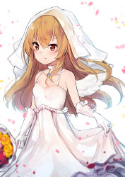 Rule 34 | 1girl, absurdres, aisaka taiga, bad id, bad pixiv id, bada (jksh5056), bare shoulders, blurry, blurry foreground, blush, bouquet, bow, breasts, bridal veil, choker, closed mouth, collarbone, commentary request, depth of field, dress, elbow gloves, flower, gloves, hair between eyes, highres, holding, holding bouquet, light brown hair, long hair, mini wings, petals, red eyes, red flower, red rose, rose, see-through, sleeveless, sleeveless dress, small breasts, solo, toradora!, v-shaped eyebrows, veil, very long hair, wedding dress, white background, white bow, white choker, white dress, white gloves, white wings, wings, yellow flower, yellow rose