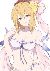 Rule 34 | 1girl, arm at side, bare shoulders, bikini, blonde hair, blue eyes, blush, breasts, cleavage, collarbone, crown, detached sleeves, europa (granblue fantasy), europa (summer) (granblue fantasy), flower, granblue fantasy, groin, hair flower, hair ornament, hand up, looking at viewer, medium breasts, medium hair, mifuta, navel, parted lips, simple background, smile, solo, swimsuit, upper body, white background, white bikini