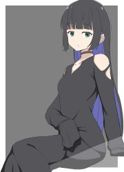 Rule 34 | 1girl, absurdres, aqua eyes, bare shoulders, black dress, black hair, blunt bangs, bocchi the rock!, choker, closed mouth, colored inner hair, dress, goth fashion, highres, hime cut, hotori (sharo pan), long hair, looking at viewer, multicolored hair, pa-san, piercing, purple hair, sitting, sleeves past fingers, sleeves past wrists, solo