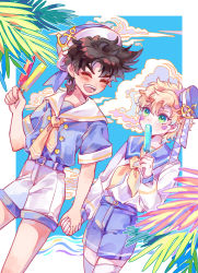 Rule 34 | &gt; &lt;, :d, > <, battle tendency, black hair, blonde hair, brown hair, caesar anthonio zeppeli, child, cloud, dixie cup hat, facial mark, food, green eyes, hat, hat ribbon, highres, holding hands, jojo no kimyou na bouken, joseph joestar, joseph joestar (young), male focus, military hat, open mouth, palm tree, popsicle, ribbon, sailor collar, sailor hat, shorts, sky kiki, smile, tree, xd, aged down