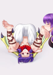 Rule 34 | 2girls, absurdres, barefoot, blue hair, breasts, closed eyes, feet, fire emblem, fire emblem: the sacred stones, foot worship, highres, licking, licking foot, long hair, lute (fire emblem), multiple girls, myrrh (fire emblem), nintendo, nipples, oirin, purple hair, red eyes, soles, toes, tongue, tongue out, upside-down, yuri