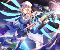 Rule 34 | 1girl, alternate hair length, alternate hairstyle, arm at side, armband, artist name, bad id, bad pixiv id, belt, beret, black gloves, blonde hair, blue bodysuit, blue eyes, blue footwear, blue wings, bodysuit, boots, breasts, closed mouth, combat medic ziegler, cowboy shot, earth (planet), email address, emblem, gloves, glowing, glowing wings, hat, holding, holding staff, holding syringe, hologram, leg up, logo, loincloth, long hair, long sleeves, looking at viewer, mechanical wings, medium breasts, mercy (overwatch), official alternate costume, overwatch, overwatch 1, pelvic curtain, planet, pliers, pouch, sky, smile, solo, space, spread wings, staff, standing, standing on one leg, star (sky), starry sky, syringe, thigh boots, thighhighs, tobi (mue86), utility belt, white hat, wings