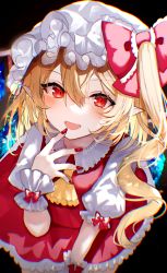 Rule 34 | 1girl, ascot, black background, blonde hair, crystal, flandre scarlet, hair between eyes, hat, long hair, looking at viewer, mob cap, pointy ears, puffy short sleeves, puffy sleeves, red eyes, red shirt, red skirt, sakizaki saki-p, shirt, short sleeves, side ponytail, simple background, skirt, solo, touhou, white hat, wings, wrist cuffs, yellow ascot