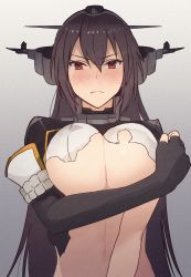 Rule 34 | 1girl, black gloves, black hair, breasts, brown eyes, cleavage, closed mouth, elbow gloves, gloves, gradient background, grey background, hair between eyes, headgear, kantai collection, kasumi (skchkko), large breasts, long hair, nagato (kancolle), nagato kai ni (kancolle), partially fingerless gloves, simple background, solo, torn clothes, upper body
