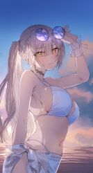 Rule 34 | 1girl, arm behind back, bare arms, bare shoulders, bikini, blonde hair, blunt bangs, blush, breasts, choker, closed mouth, commentary request, eyewear on head, from side, hand up, highres, large breasts, long hair, looking at viewer, looking to the side, ocean, original, outdoors, ponytail, see-through, shio kouji (shiokojii), smile, sunglasses, sunset, swimsuit, water, white bikini, yellow eyes