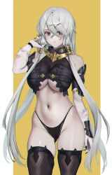 Rule 34 | 1girl, adjusting hair, armor, atelier (series), atelier ryza, atelier ryza 1, bare shoulders, black armor, black nails, black panties, black thighhighs, blue eyes, body fur, border, breasts, crossed bangs, fingernails, gluteal fold, grey hair, hair between eyes, hair ornament, hairclip, heterochromia, highleg, highleg panties, highres, jeneral, large breasts, lila decyrus, long hair, looking at viewer, low twintails, mixed-language commentary, navel, outside border, pale skin, panties, red eyes, sharp fingernails, simple background, skindentation, solo, thighhighs, twintails, underboob, underwear, very long hair, white border