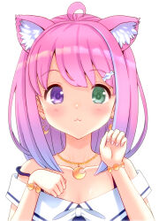 Rule 34 | 1girl, :3, ahoge, candy hair ornament, claw pose, earrings, food-themed hair ornament, gradient hair, green eyes, hair ornament, heterochromia, highres, himemori luna, himemori luna (sundress), hololive, jewelry, kujira naoto, long hair, looking at viewer, multicolored hair, off shoulder, one side up, purple eyes, purple hair, simple background, solo, upper body, virtual youtuber, wavy hair, white background