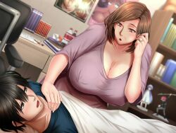 Rule 34 | 1boy, 1girl, bed, bedroom, black hair, bookshelf, breasts, brown hair, chair, cleavage, cola, facial hair, highres, huge breasts, large breasts, lying, mature female, morino kuma, older woman and younger man, plastic bottle, room, short hair, waking up