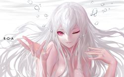 Rule 34 | 1girl, air bubble, bad id, bad pixiv id, breath, bubble, cancell, highres, long hair, looking at viewer, nude, one eye closed, original, out-of-frame censoring, red eyes, solo, underwater, white background, white hair