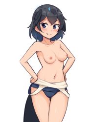 Rule 34 | 1girl, :q, absurdres, black hair, blue eyes, blue one-piece swimsuit, breasts, clothes pull, collarbone, commentary, cowboy shot, groin, hands on own hips, head wings, highres, kemono friends, looking at viewer, medium breasts, navel, nipples, one-piece swimsuit, one-piece swimsuit pull, school swimsuit, shiraha maru, short hair, simple background, smile, solo, superb bird-of-paradise (kemono friends), swimsuit, thigh gap, tongue, tongue out, topless, white background, wings