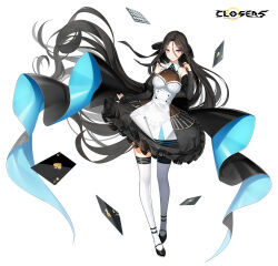 Rule 34 | 1girl, ace (playing card), ace of clubs, ace of hearts, ace of spades, anklet, back bow, bai winchester, bare shoulders, black bow, black dress, black footwear, black hair, black nails, black sleeves, blue ribbon, bow, breasts, card, closed mouth, closers, club (shape), collared dress, copyright name, detached sleeves, dress, facing viewer, floating hair, frilled dress, frills, full body, hair between eyes, hair bow, hand up, heart, heterochromia, high heels, highres, holding, holding hair, holding own hair, jewelry, joker (playing card), juliet sleeves, leaning to the side, logo, long hair, long sleeves, looking to the side, mary janes, medium breasts, nail polish, neck ribbon, official art, pink eyes, playing card, puffy sleeves, purple eyes, ribbon, shoes, skirt hold, sleeveless, sleeveless dress, sleeves past wrists, solo, spade (shape), standing, tachi-e, thighhighs, two-tone dress, very long hair, white background, white dress, white thighhighs, zettai ryouiki