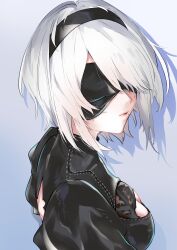 Rule 34 | 1girl, absurdres, back cutout, black blindfold, black dress, black hairband, blindfold, breasts, cleavage cutout, closed mouth, clothing cutout, dress, freckles, hairband, highres, medium breasts, nier:automata, nier (series), short hair, solo, sword, weapon, white hair, 2b (nier:automata), yt (63641217)