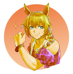 Rule 34 | 1girl, animal ears, blonde hair, blue eyes, border, braid, clenched hand, collarbone, commentary, crop top, glint, hairband, horse ears, horse girl, jewelry, looking at viewer, necklace, off shoulder, official alternate costume, official alternate hairstyle, pearl necklace, red background, round border, ruukii drift, side braid, simple background, smile, solo, striped clothes, striped hairband, suspenders, taiki shuttle (bubblegum memories) (umamusume), taiki shuttle (umamusume), umamusume, upper body, white background, wristband