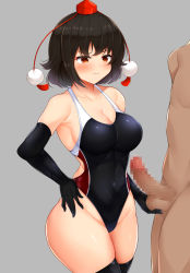 Rule 34 | 1boy, 1girl, armpit crease, black gloves, black hair, black one-piece swimsuit, black thighhighs, blush, breasts, brown eyes, caressing testicles, censored, closed mouth, clothed female nude male, commentary request, commission, competition swimsuit, covered navel, cowboy shot, daichi (tokoya), elbow gloves, erection, gloved handjob, gloves, grey background, hand on own hip, handjob, hat, head out of frame, hetero, highres, large breasts, looking at another, mosaic censoring, nude, one-piece swimsuit, penis, red headwear, shameimaru aya, sideboob, simple background, skeb commission, solo focus, swimsuit, testicles, thighhighs, tokin hat, touhou