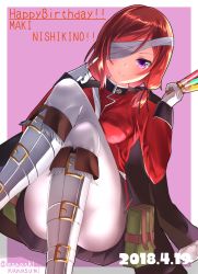 Rule 34 | 10s, 1girl, 2018, between fingers, between legs, black ribbon, black skirt, boots, breasts, buckle, character name, closed mouth, convenient leg, cosplay, crossed legs, dated, eyepatch, fate/grand order, fate (series), feet out of frame, florence nightingale (fate), florence nightingale (fate) (cosplay), florence nightingale (third ascension) (fate), fur-trimmed boots, fur trim, gloves, hair ribbon, twirling hair, happy birthday, highres, holding, knee boots, lips, long sleeves, looking at viewer, love live!, love live! school idol project, medium breasts, medium hair, military, military uniform, miniskirt, nanasumi (pantie party project), nishikino maki, one eye covered, outside border, pantyhose, pink background, pouch, purple eyes, red hair, ribbon, simple background, skirt, smile, solo, twitter username, uniform, white footwear, white gloves, white pantyhose