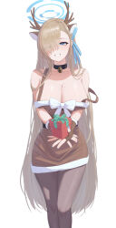 1girl absurdres animal_ears antlers armpit_crease asuna_(blue_archive) asymmetrical_bangs bare_shoulders bell belt black_belt black_collar blonde_hair blue_archive blue_eyes blue_halo blue_nails blue_ribbon blush bow box breasts brown_dress brown_gloves brown_pantyhose cleavage collar collarbone commentary deer_antlers deer_ears dress dress_bow eyes_visible_through_hair fake_animal_ears fake_antlers feet_out_of_frame fingerless_gloves fingernails fur-trimmed_dress fur-trimmed_gloves fur_trim gift gift_box gloves grin hair_over_one_eye halo hands_up highres holding holding_gift horns jingle_bell large_breasts long_hair looking_at_viewer mole mole_on_breast neck_bell own_hands_together pantyhose parted_lips pige_pig ribbon simple_background sleeveless sleeveless_dress smile solo standing strap_slip very_long_hair white_background white_bow